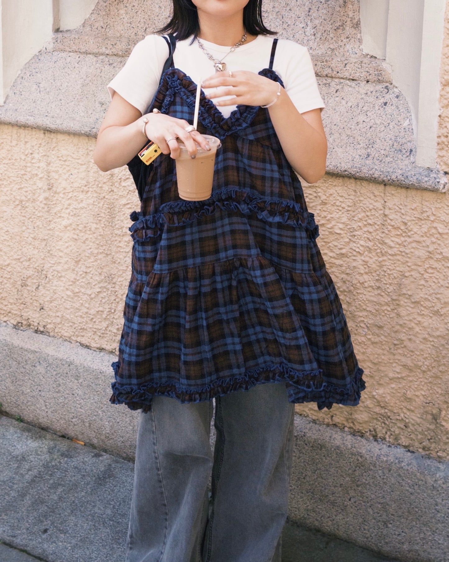 TP689- Ruffle Checked Vest Top | Navy