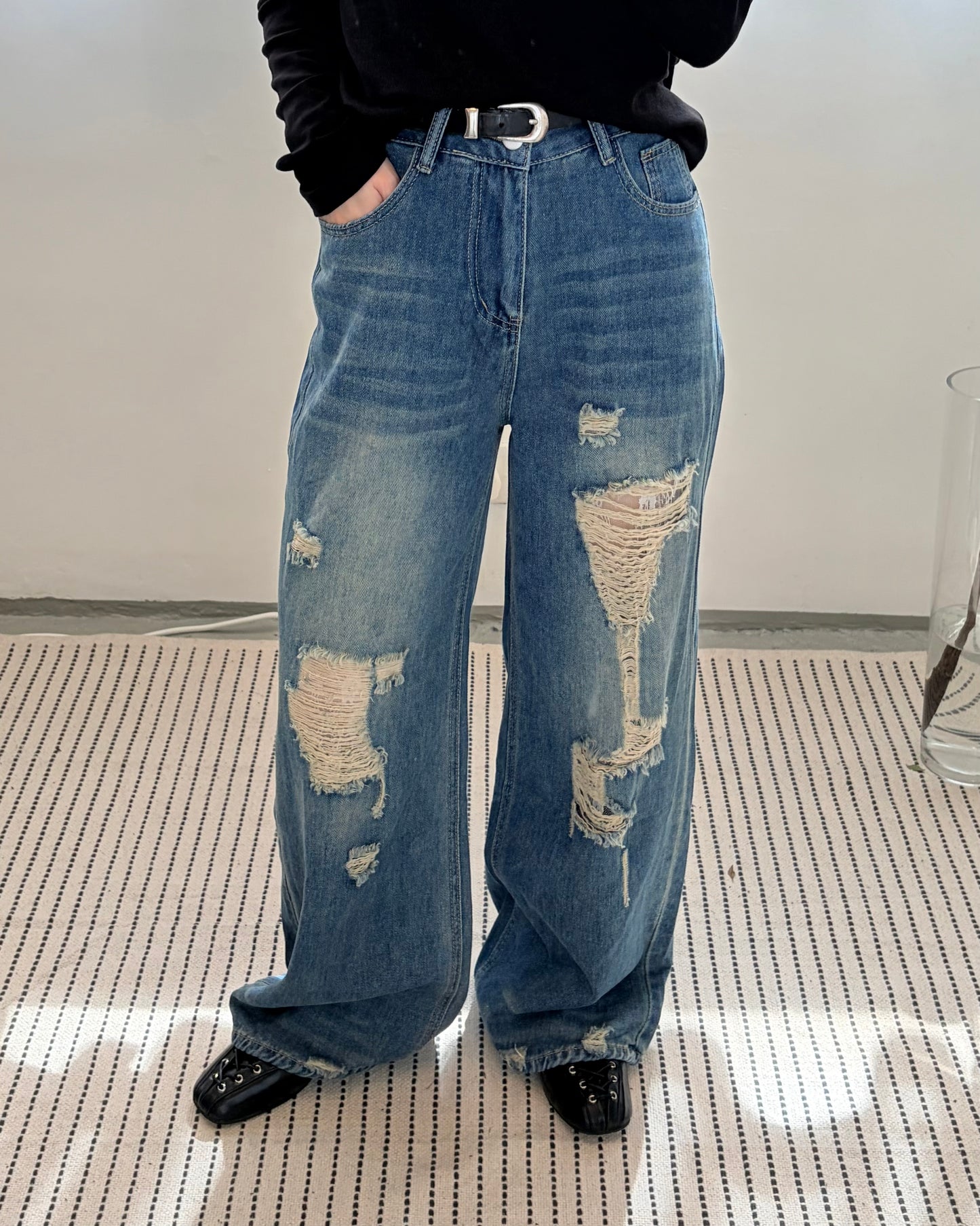 PT102- 破爛Lace Full Length Jeans