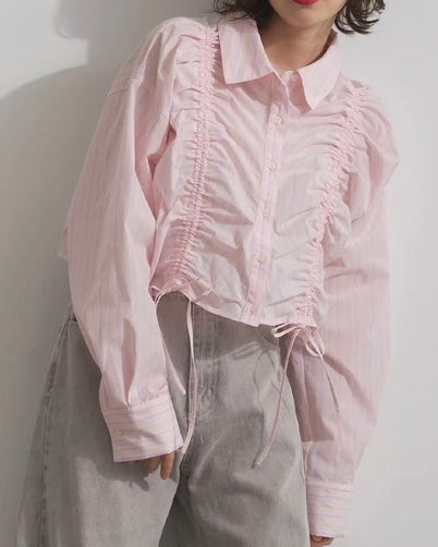 TP739- Front Shirring Short Length Shirt | Pink | Blue