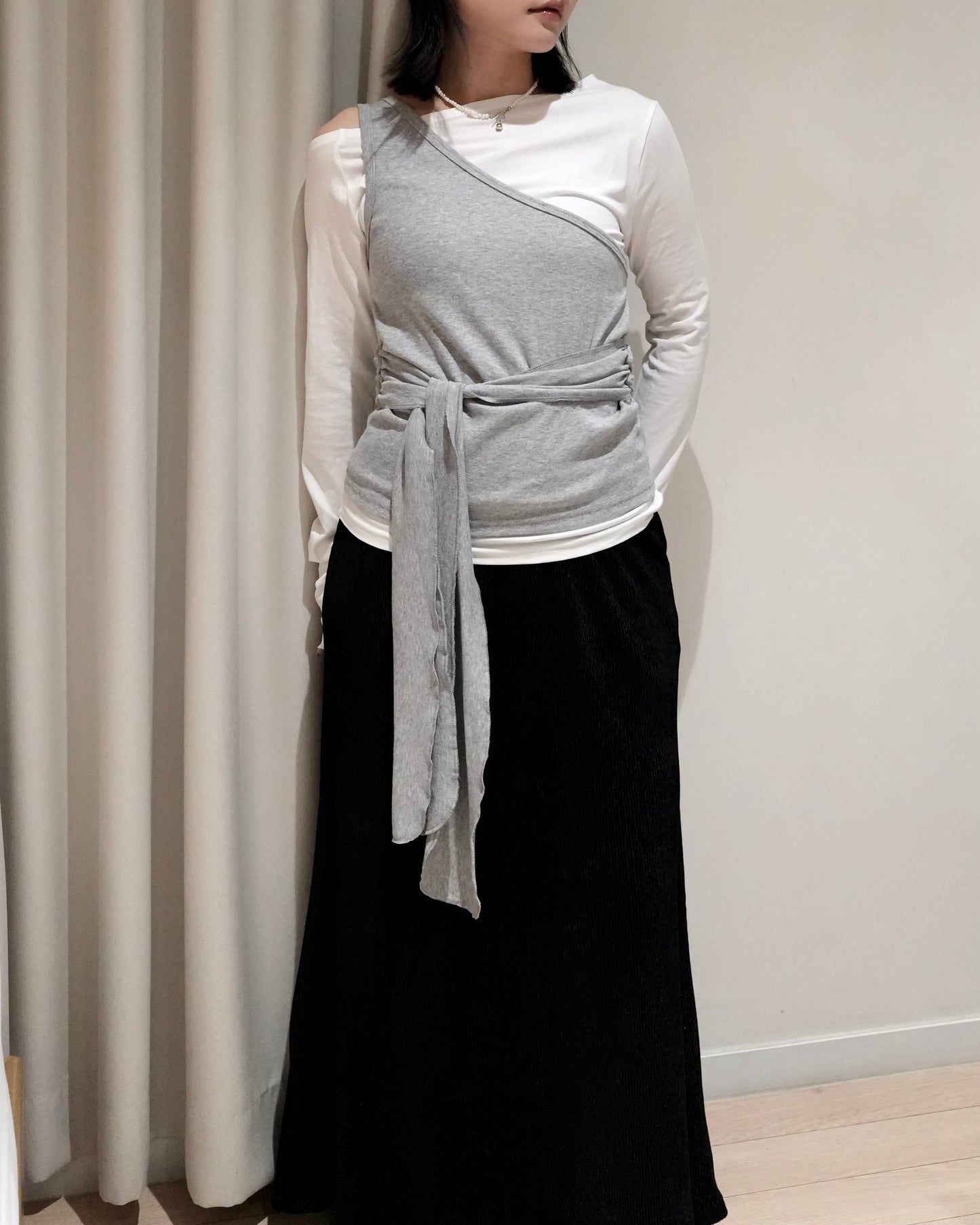 TP697- 斜肩背心綁帶Top Set | Brown x  Blue | White x Grey ( 2件連住 )