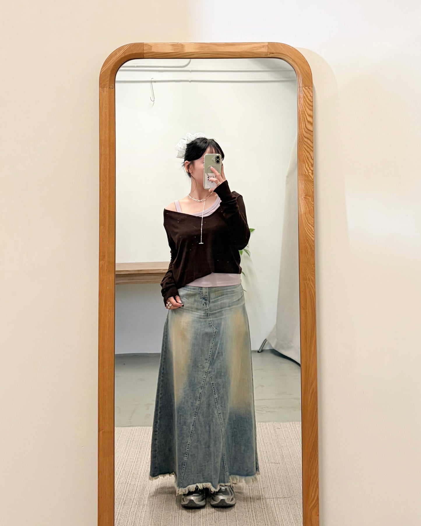 TP724- 軟熟斜肩短身長袖top | Grey | Brown | Green | Black