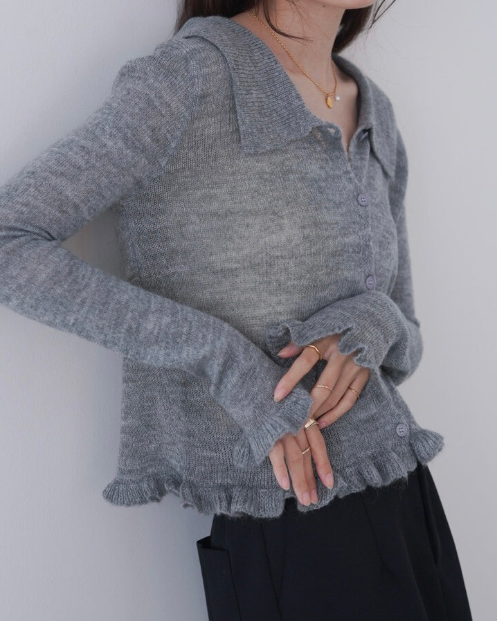 JK46- Ruffle Knit Cardigan | Grey | Brown