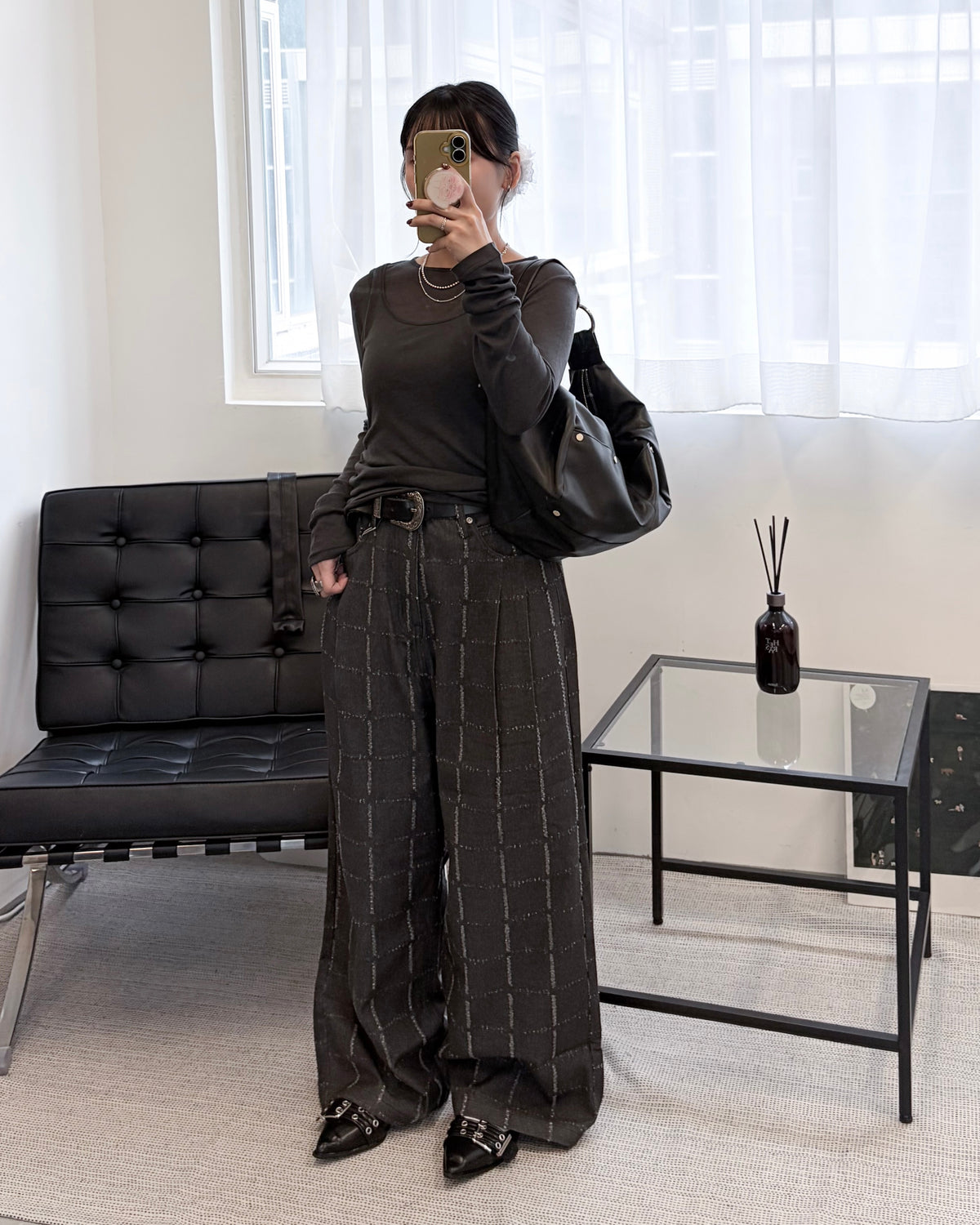 PT126- Windowpane Check Pattern Pants | Black