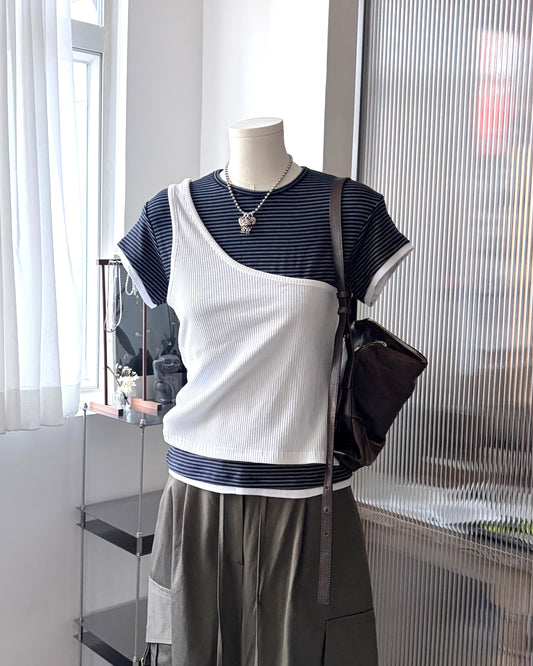 TP824- Slanted-arm Single Shoulder Button Vest | White | Brown | Black