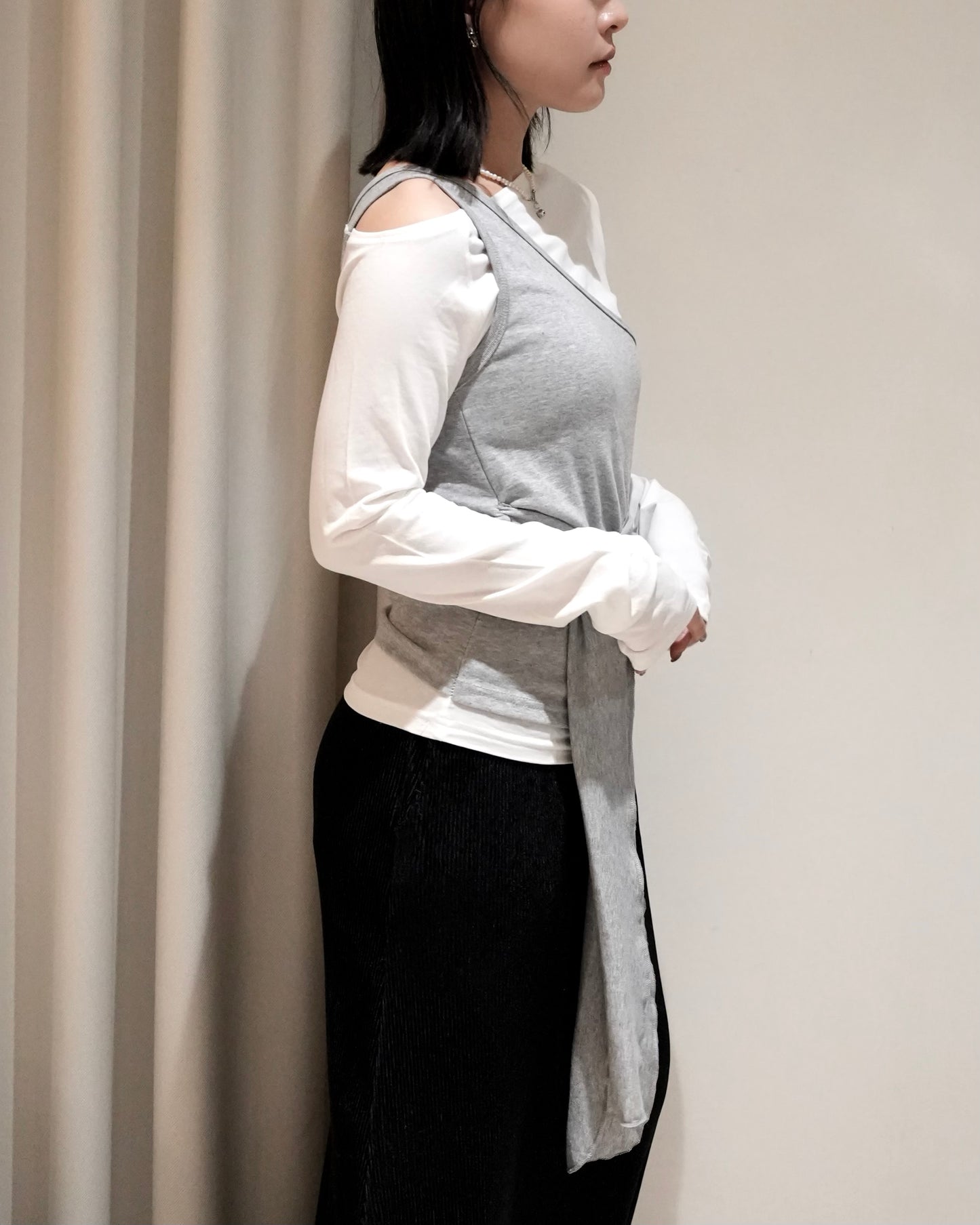 TP697- 斜肩背心綁帶Top Set | Brown x  Blue | White x Grey ( 2件連住 )