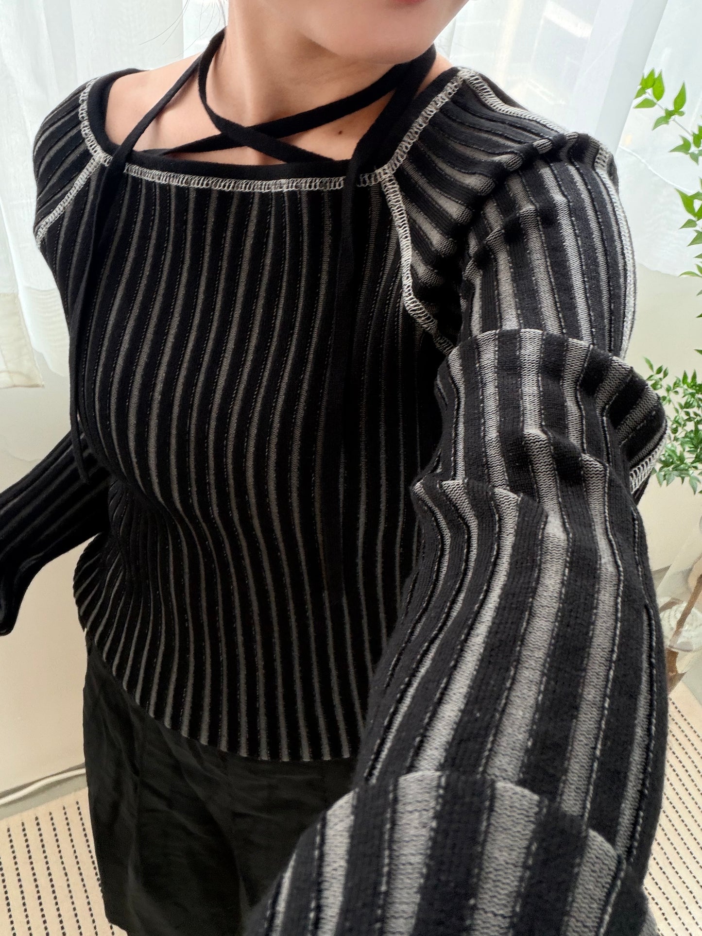 TP686- Square Neck Knit Top | Ivory x Orange | Black x White