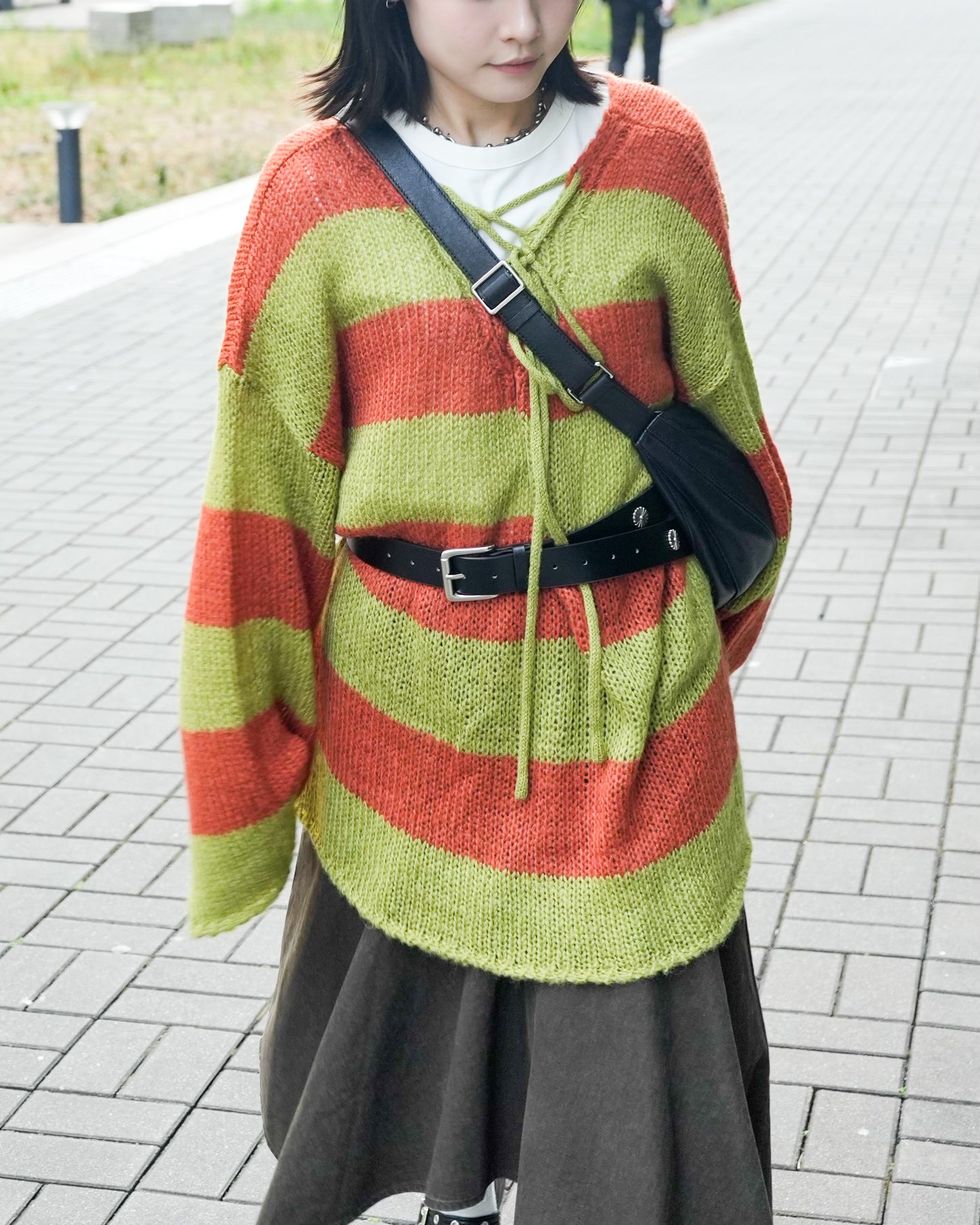 TP691- 拼色2 Ways Stripe Knit Top | Lime x Orange | Blue x Purple | Grey x Black