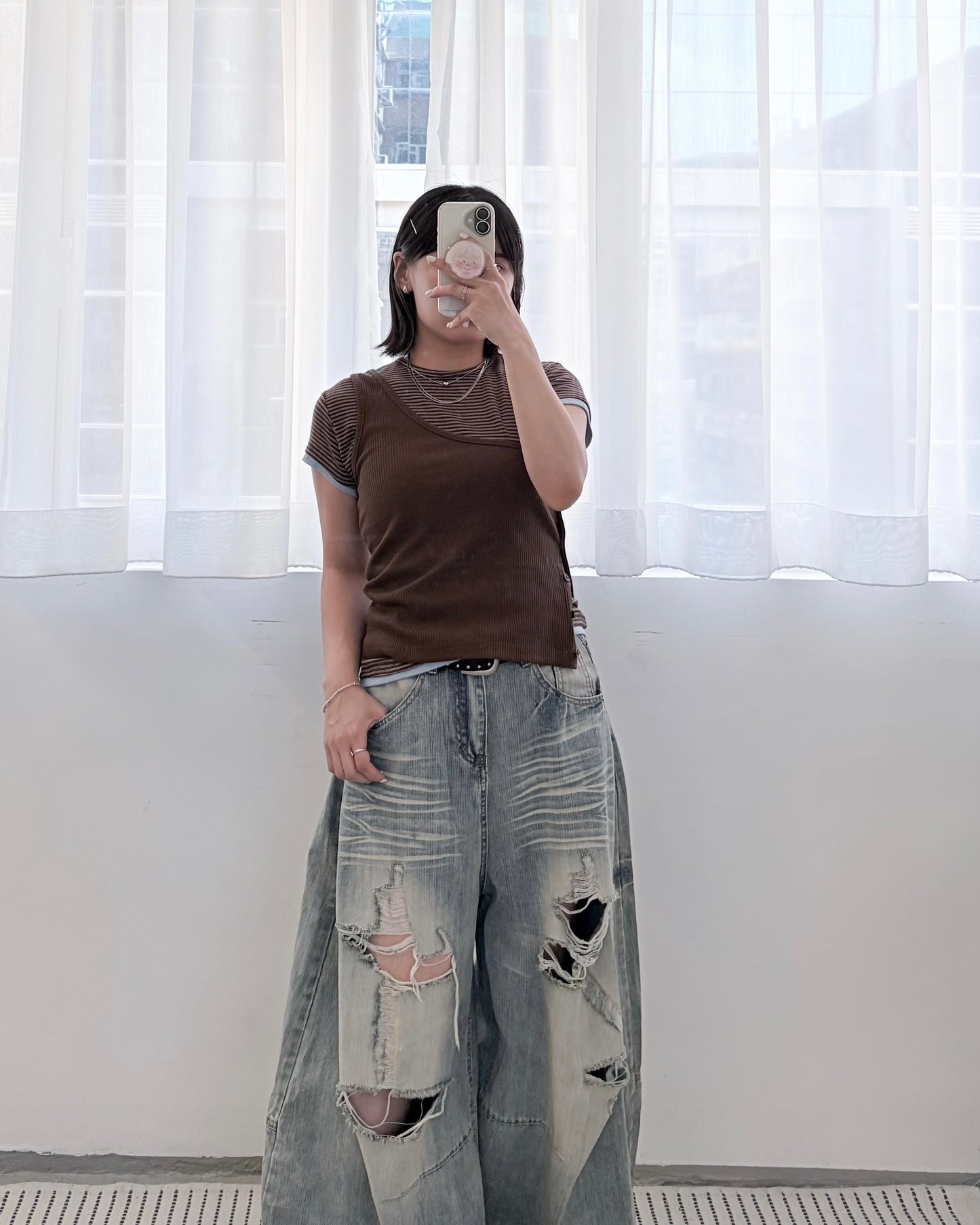 TP824- Slanted-arm Single Shoulder Button Vest | White | Brown | Black