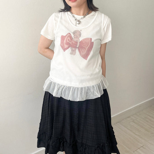 TP639- Baby Ribbon Top | White | Charcoal