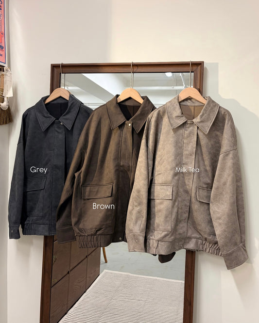 JK42- Unwash Collar Blouse Jacket | Milk Tea | Grey | Brown