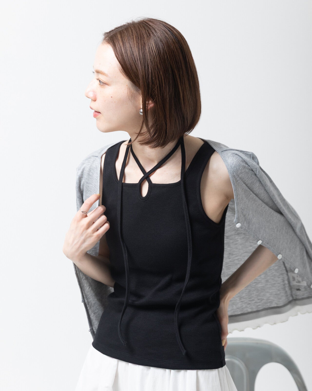 TP797- Corded Ribbon Tank Top With Cups | Ivory | Black