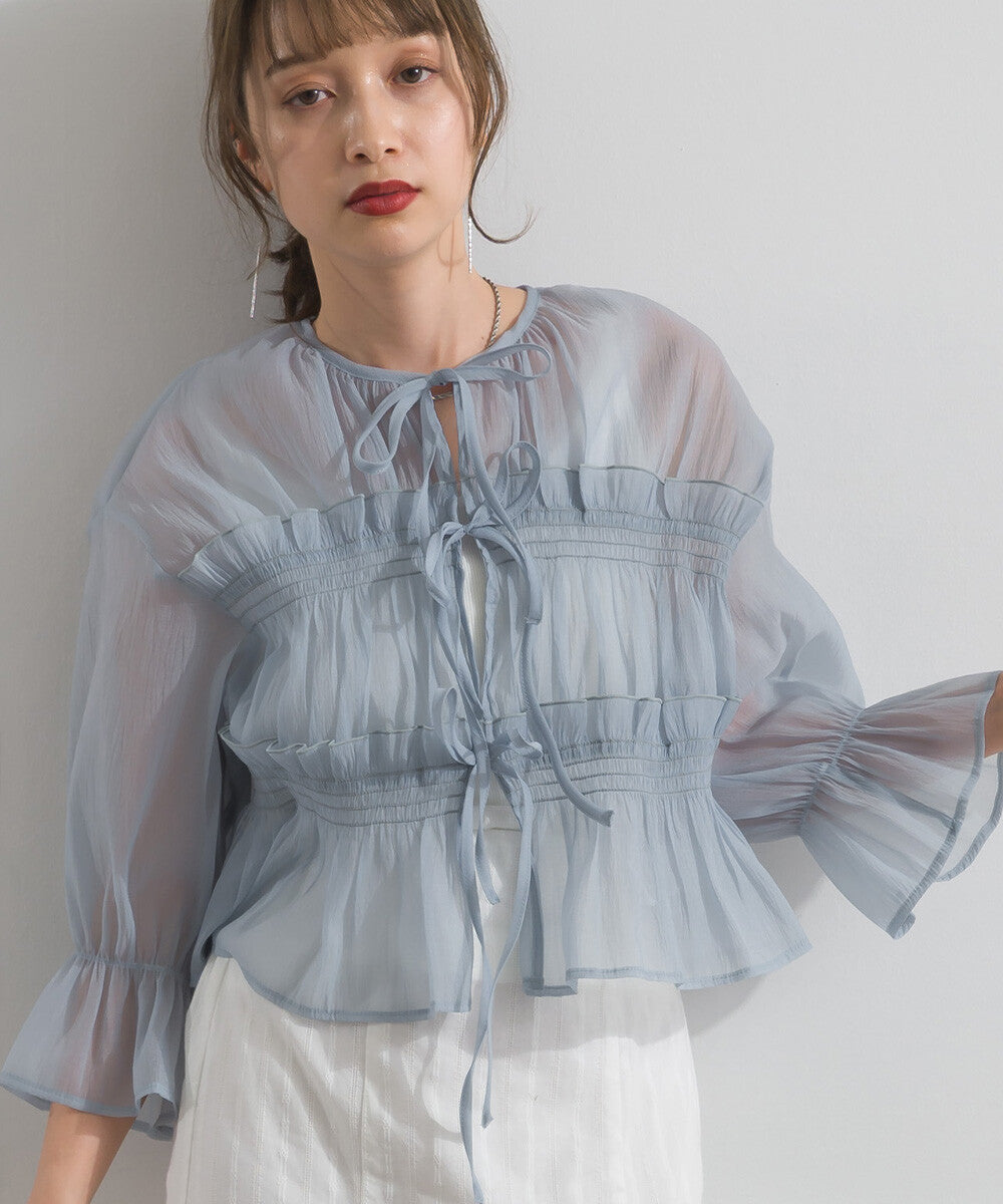 TP802- Front Ribbon Sheer Blouse | White | Blue | Stripe Yellow | Stripe Blue