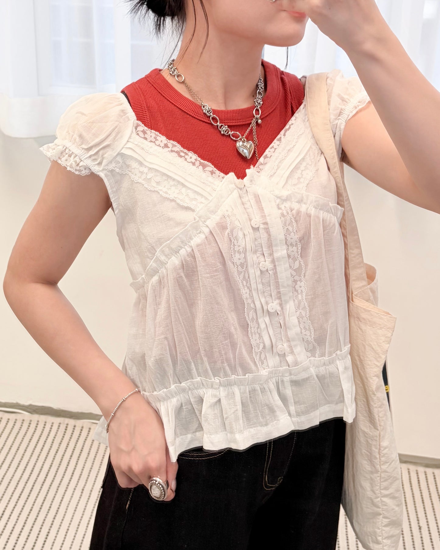 TP812- Back Ribbon Lace Top | White | Black