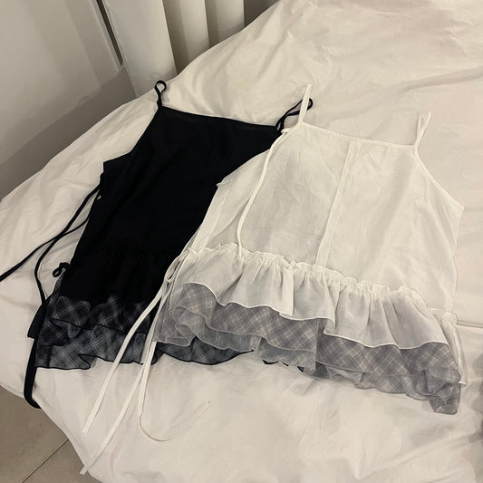 TP501- Checked Ruffle layer Camisole ｜ White | Black