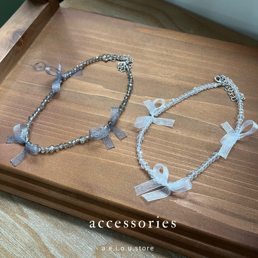 AC128- Three Silk Ribbon Necklace  | White ｜ Grey