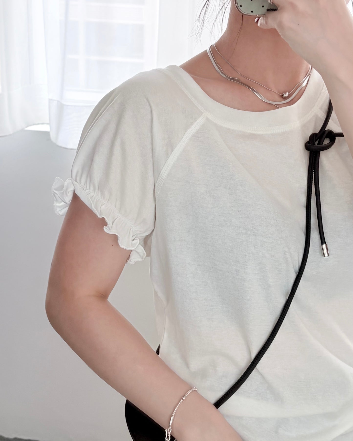 TP792- Ruffle Sleeves Top | White | Navy
