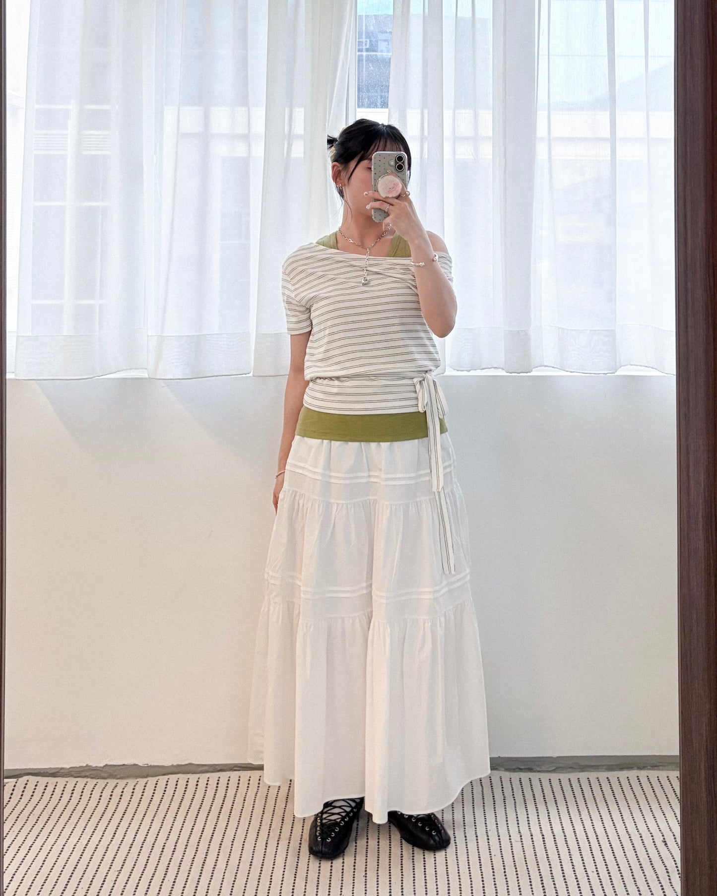 TP767- Stripe Off-shoulder Top With Neck Strap | White | Blue | Black