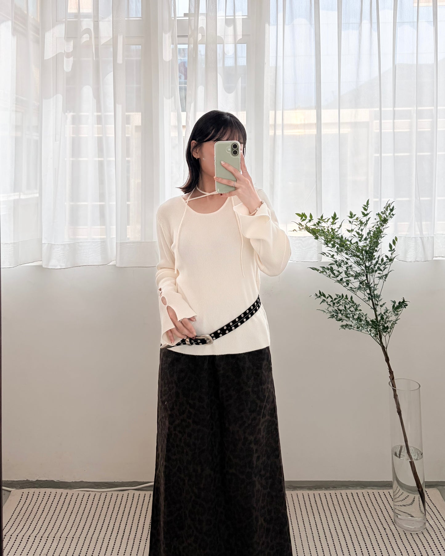 TP682- Neck String ribbon Knit Top |  Ivory | Blue | Black