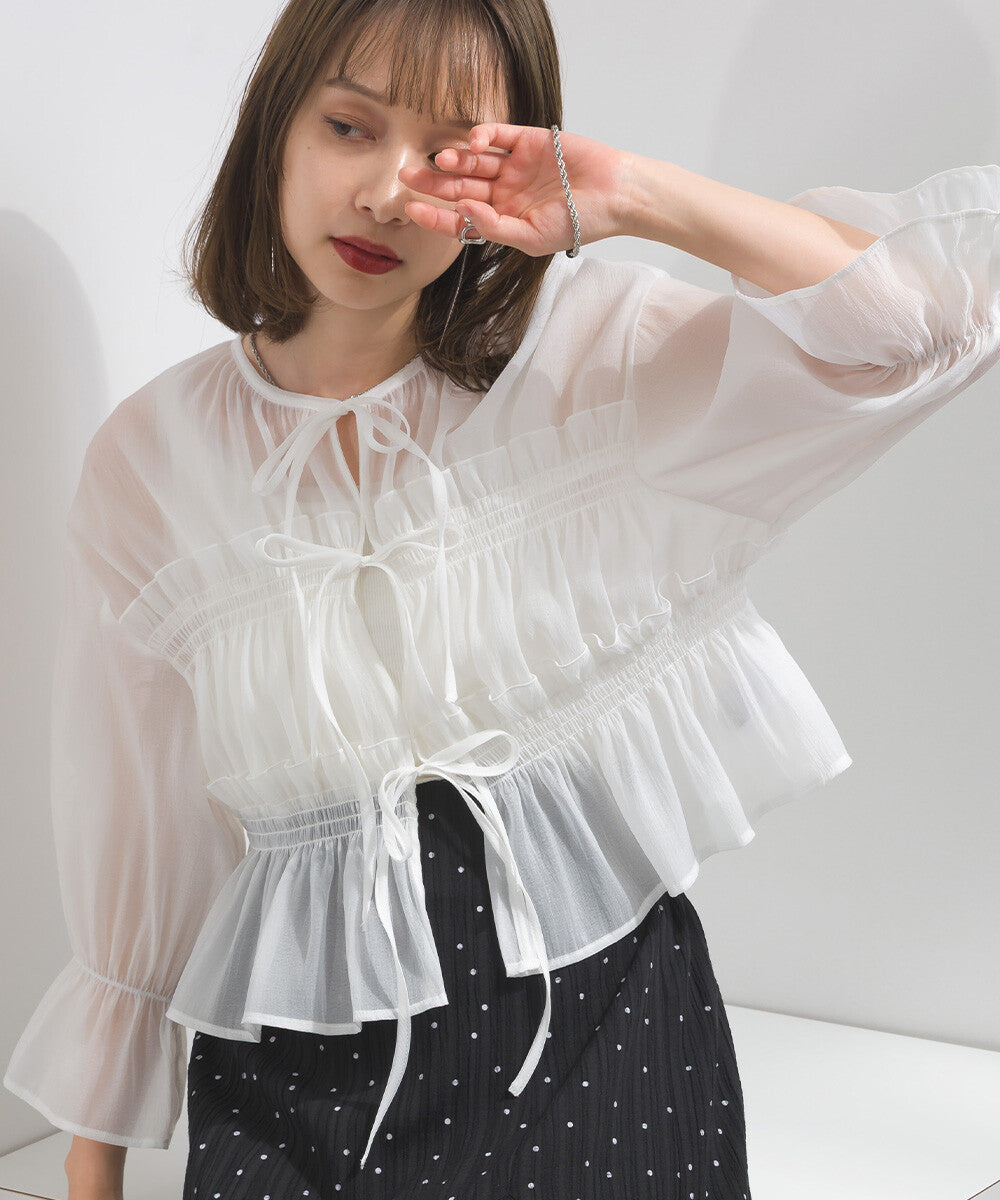 TP802- Front Ribbon Sheer Blouse | White | Blue | Stripe Yellow | Stripe Blue