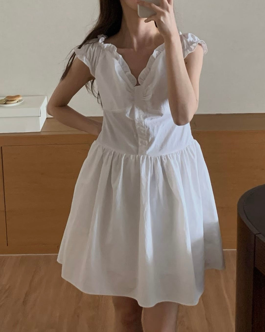 OP75- V Neck Ruffle Dress | White  | Black