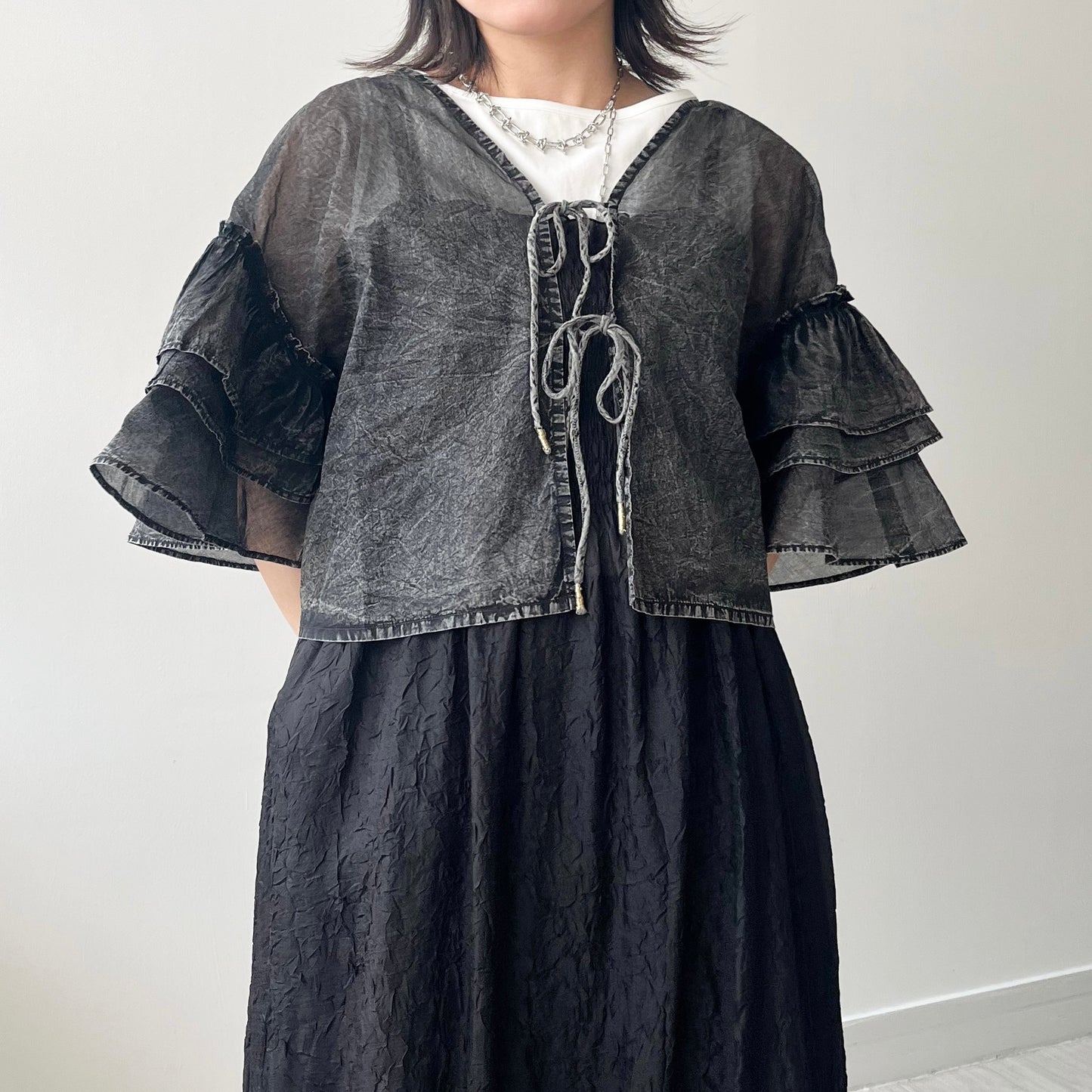 TP630- Ruffle Ribbon Cardigan | Grey Purple | Black
