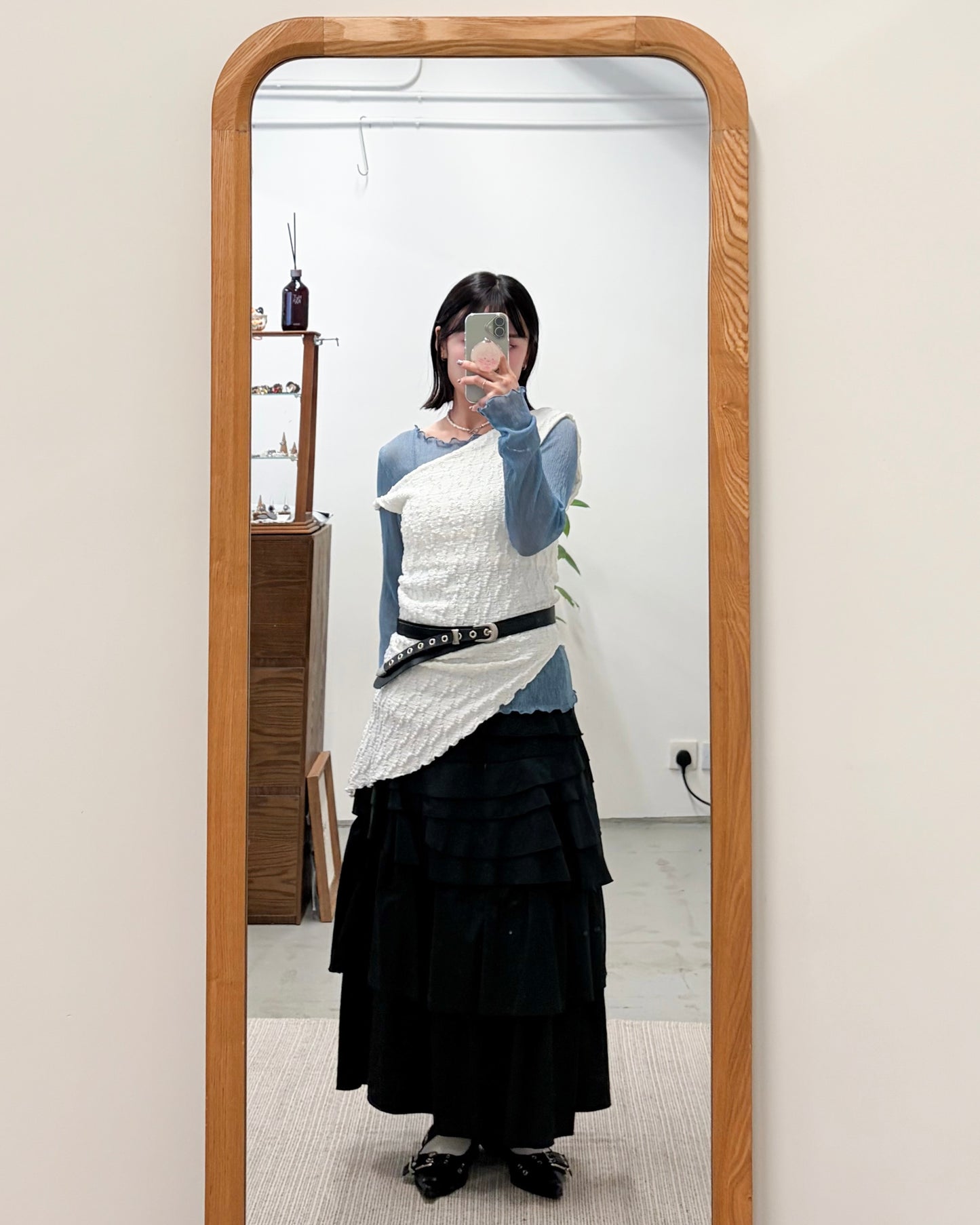 TP735- 樹紋 See-through Ruffle Top | White | Light grey | Grey | Blue | Black ( 超大彈性 )