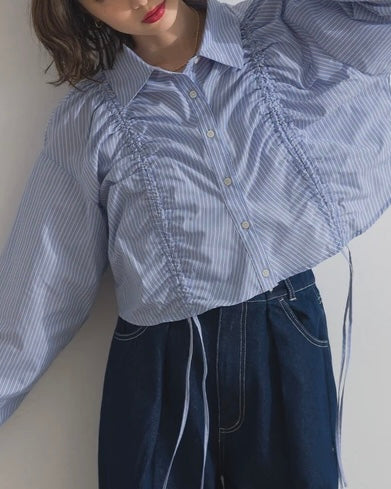 TP739- Front Shirring Short Length Shirt | Pink | Blue