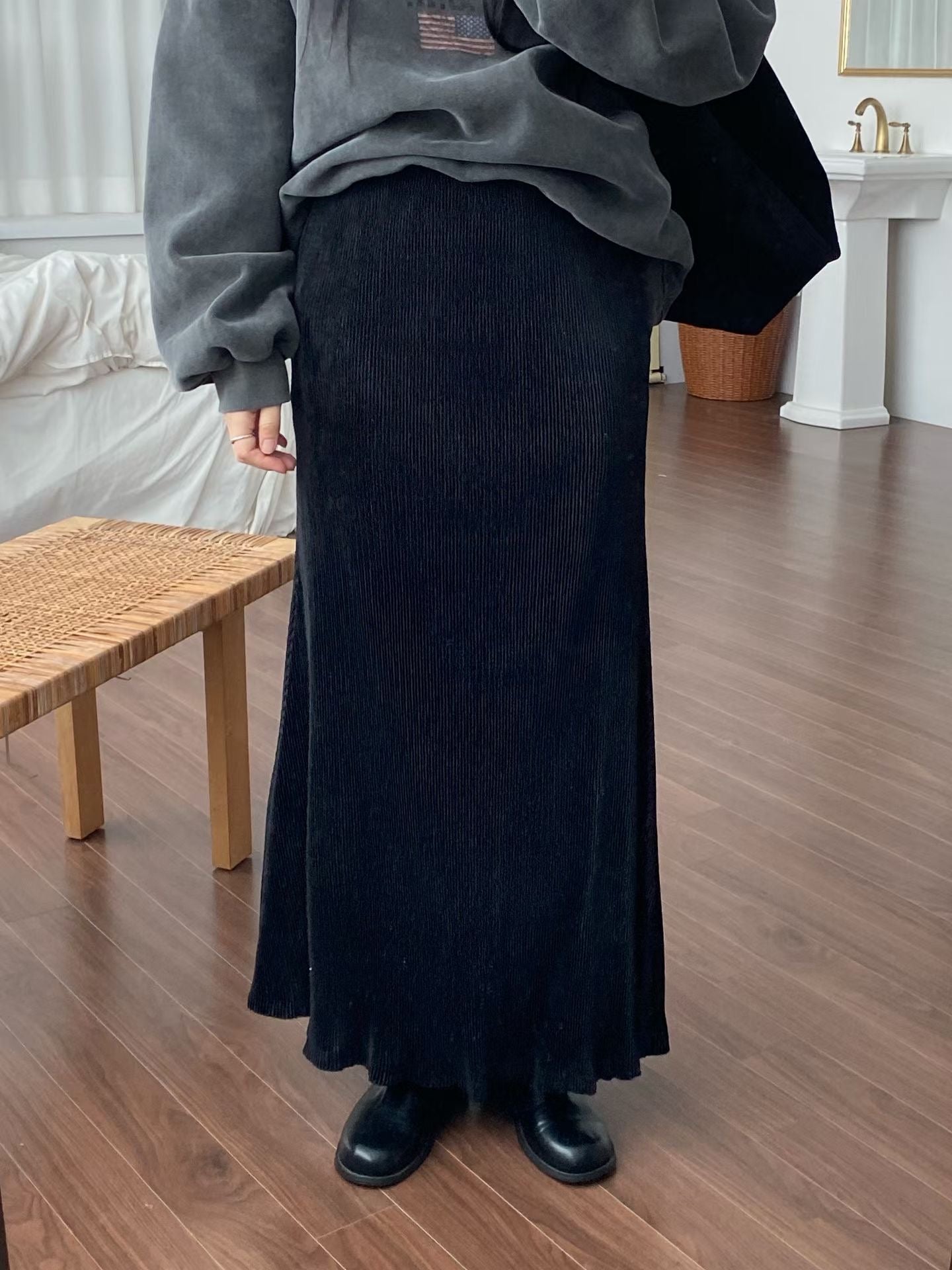 SK136- 絲絨Pocket Skirt ｜Light Grey | Grey | Red wine | Black