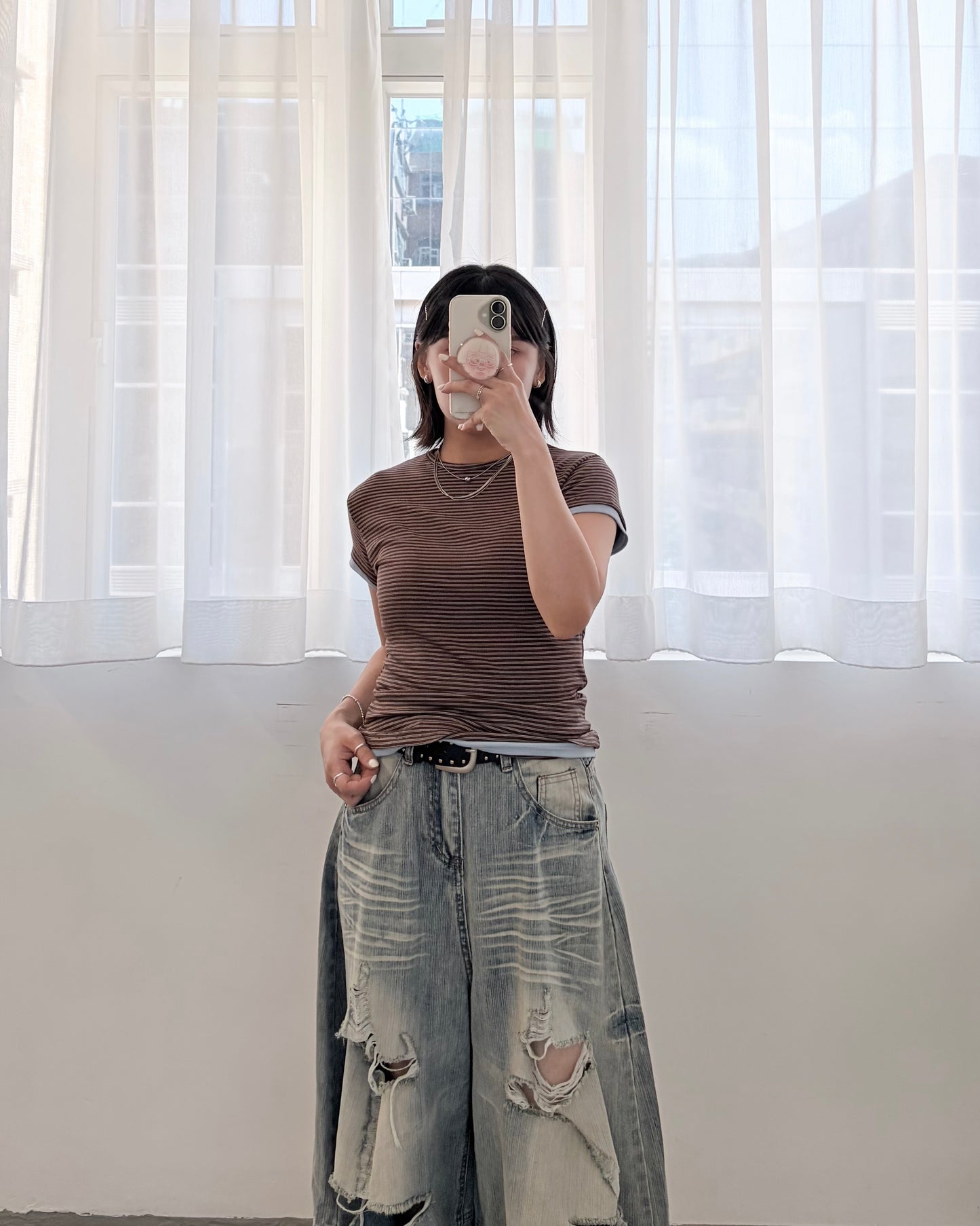 TP825- Stripe Double Layer Tee | White | Brown | Navy ( 軟熟超大彈性 )