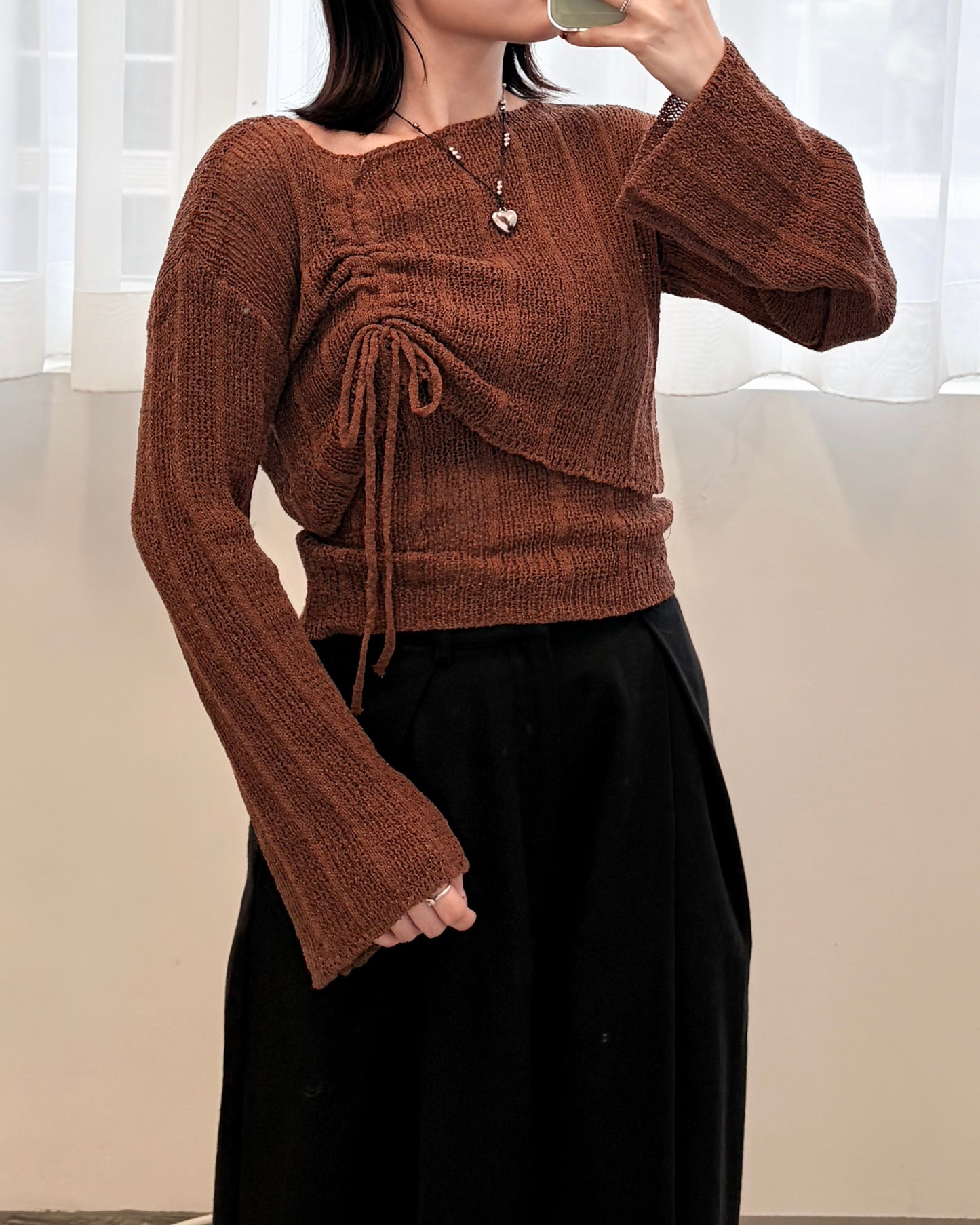 TP681- Cropped Shirring Set Top | Ivory | Brown | Black