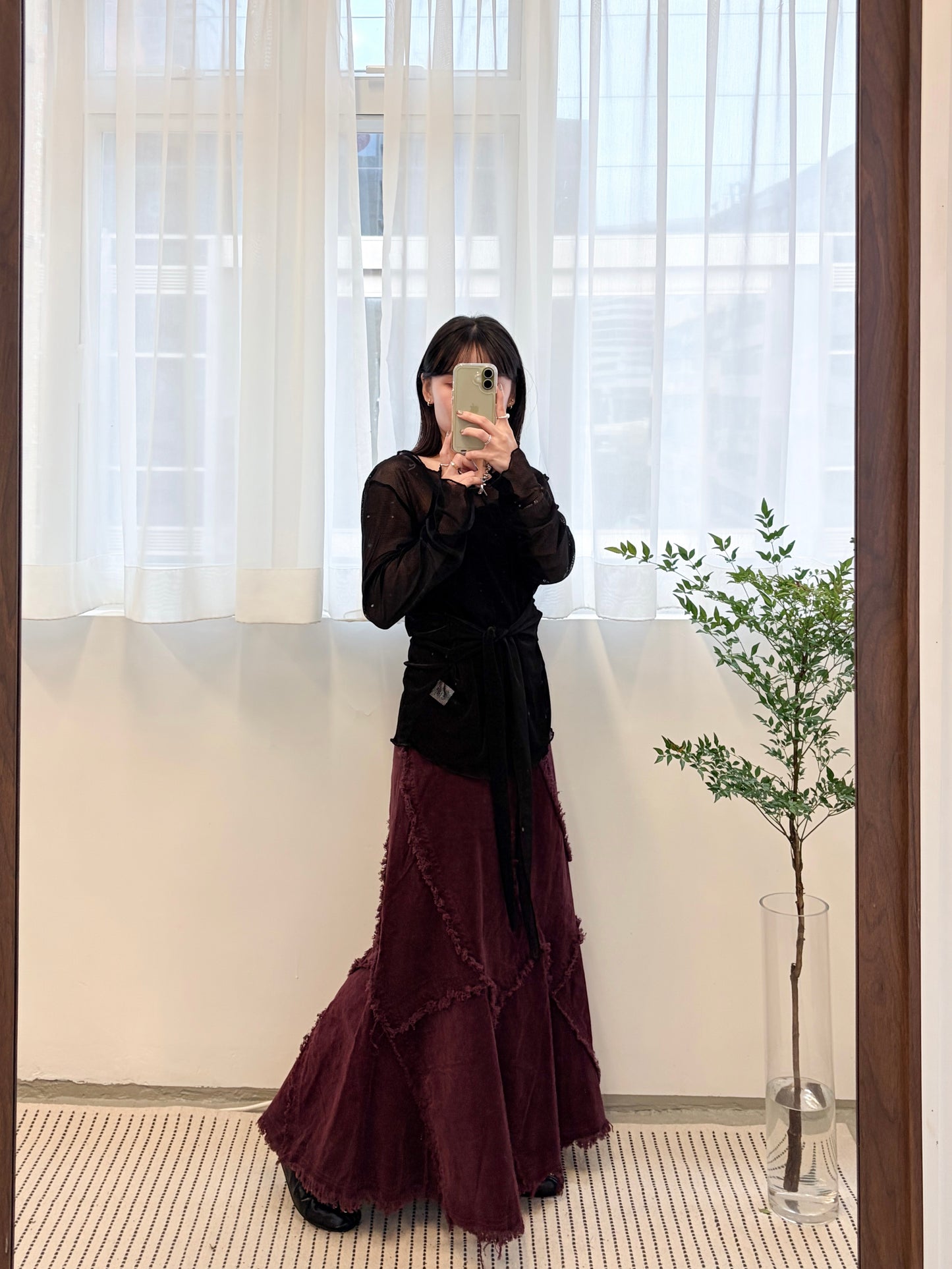 SK135- 薄燈芯絨破爛邊半截裙 ｜ Black | 棗紅色 | Brown