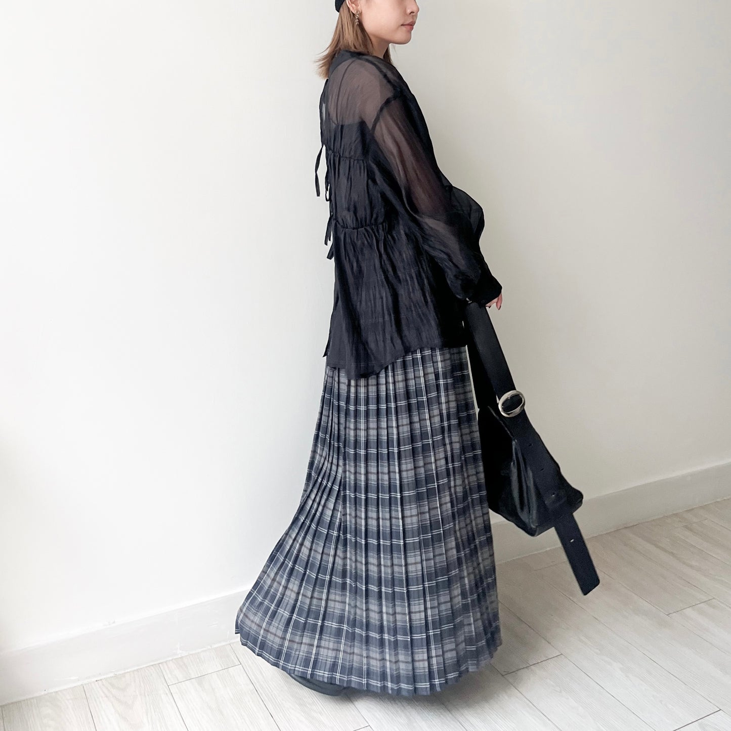 SK93- Check Pattern Pleated Skirt | Navy | Browm