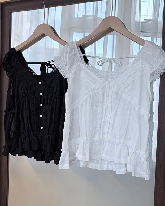 TP812- Back Ribbon Lace Top | White | Black