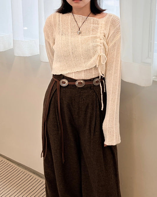 TP681- Cropped Shirring Set Top | Ivory | Brown | Black