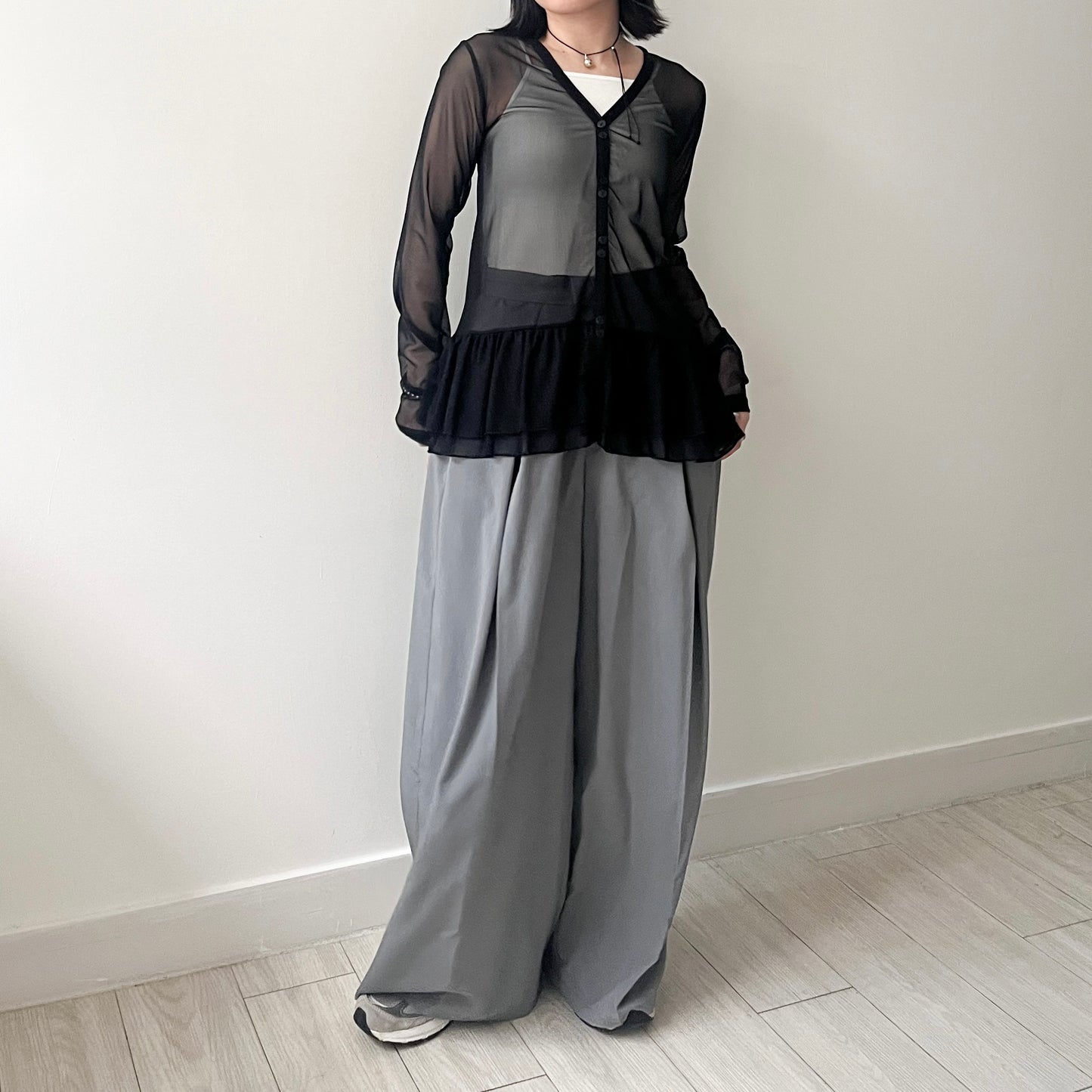 TP494- Layer See-through V Neck Top | White | Grey | Black
