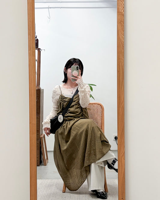 OP74- Talia Pleated Midi One Piece | Ivory | Olive