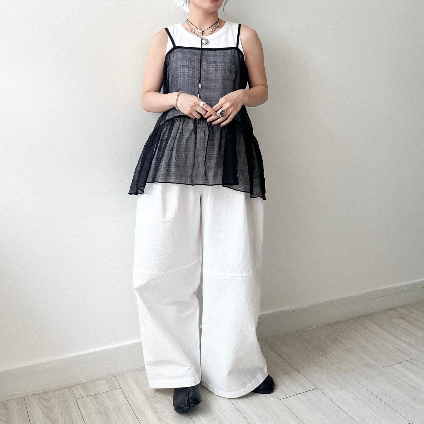 TP641- See-though Checked Vest | White | Blue | Black