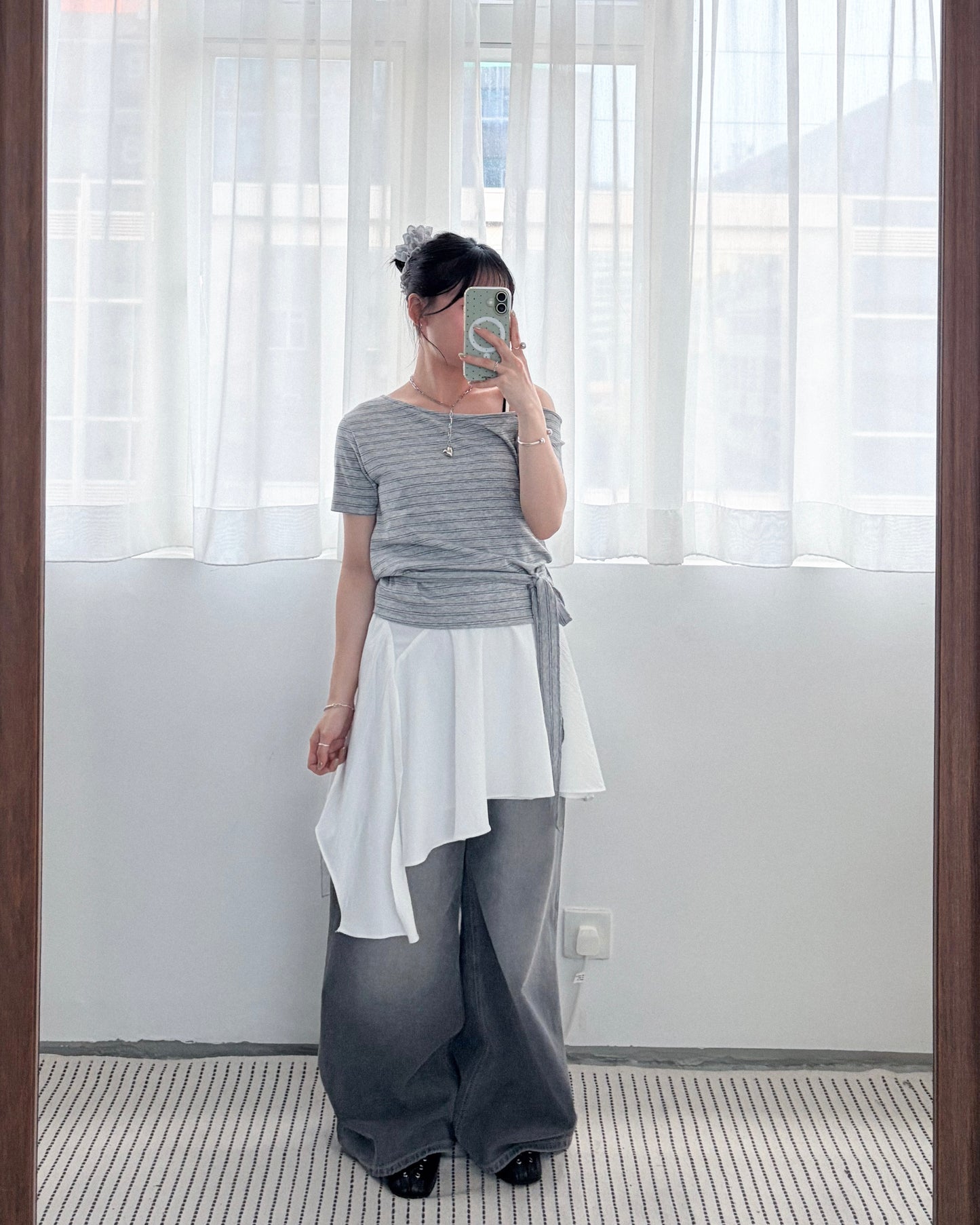 TP767- Stripe Off-shoulder Top With Neck Strap | White | Blue | Black