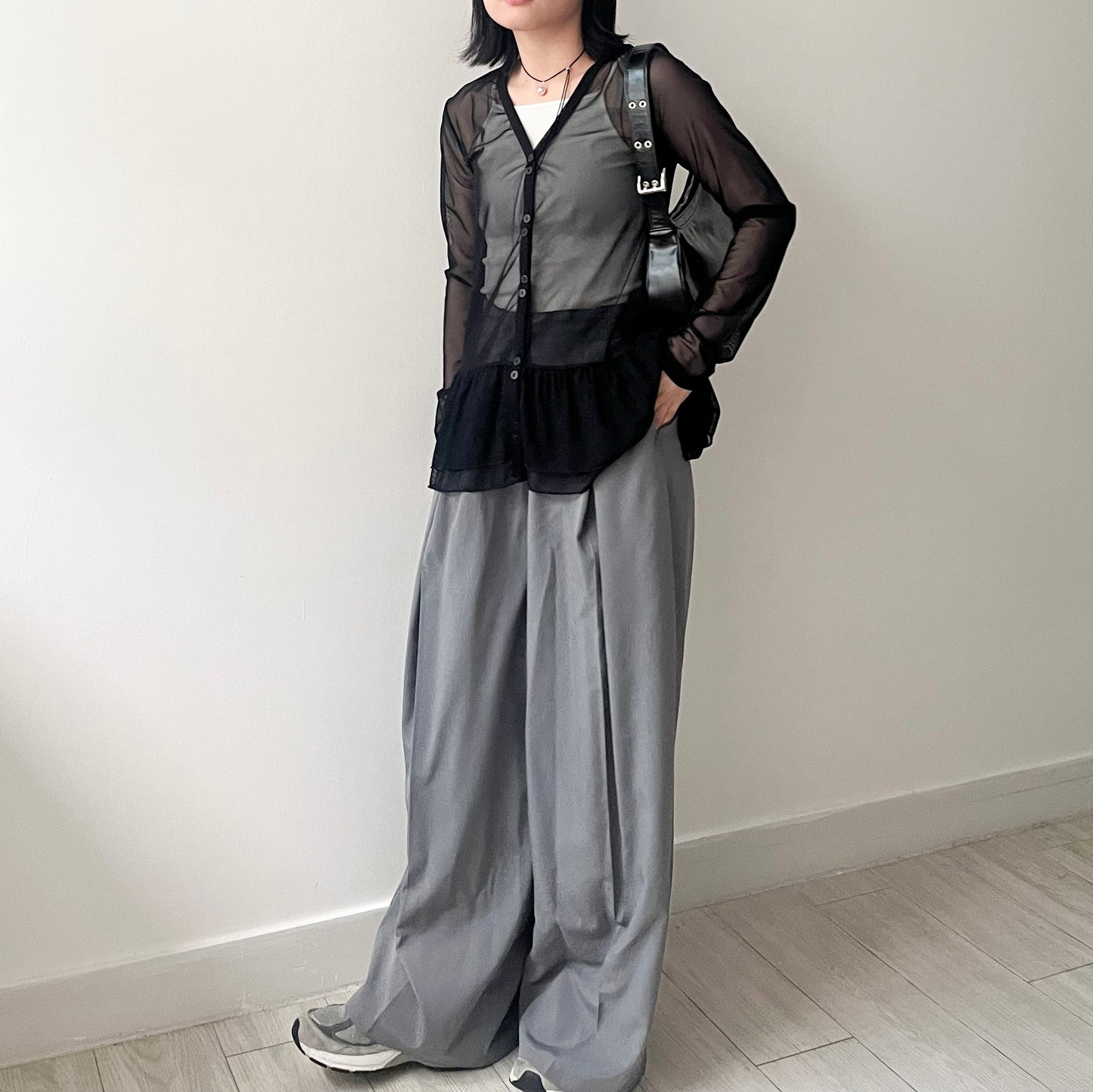 TP494- Layer See-through V Neck Top | White | Grey | Black