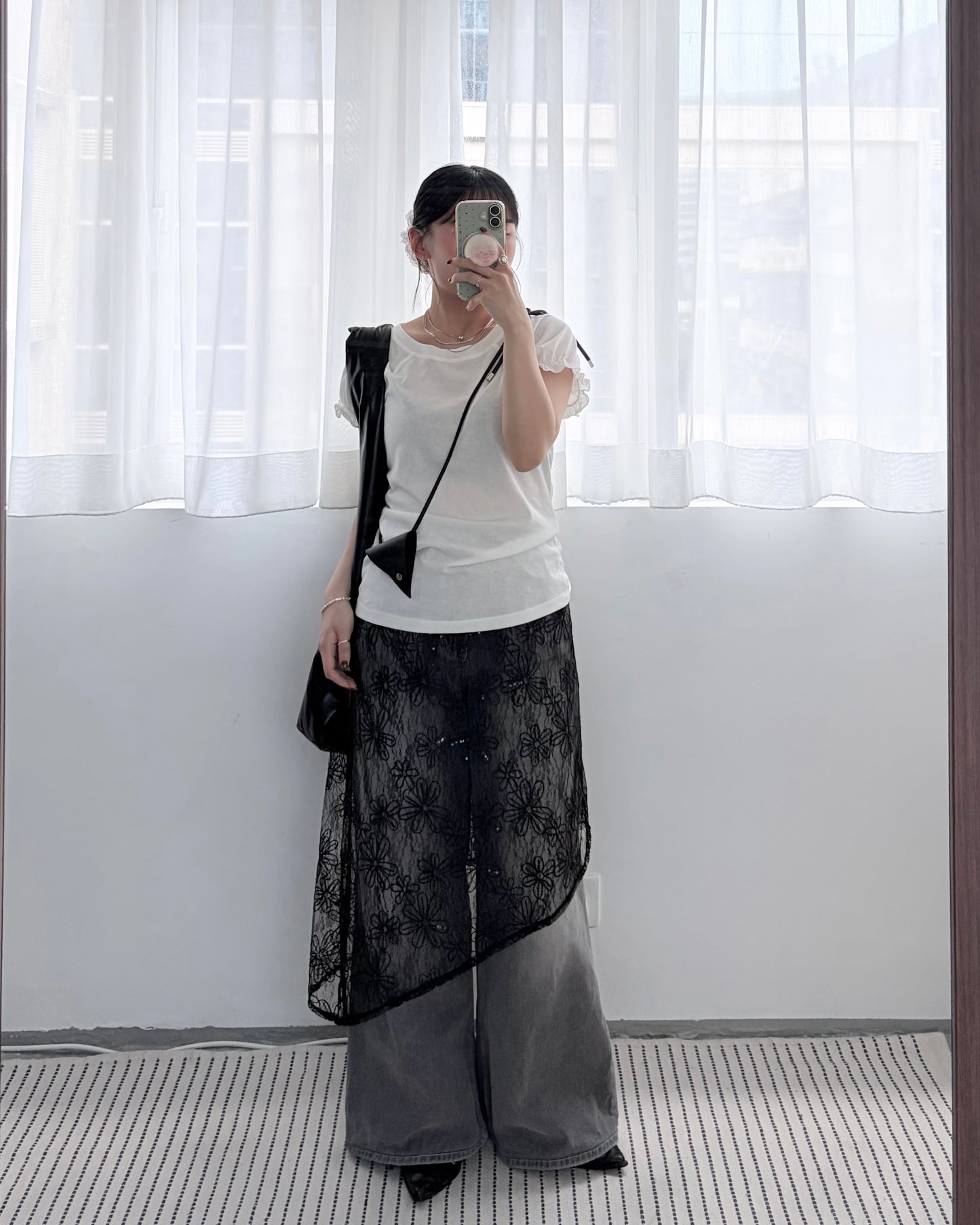 TP793- Flower Sheer Lace Overlay Skirt | Ivory | Black