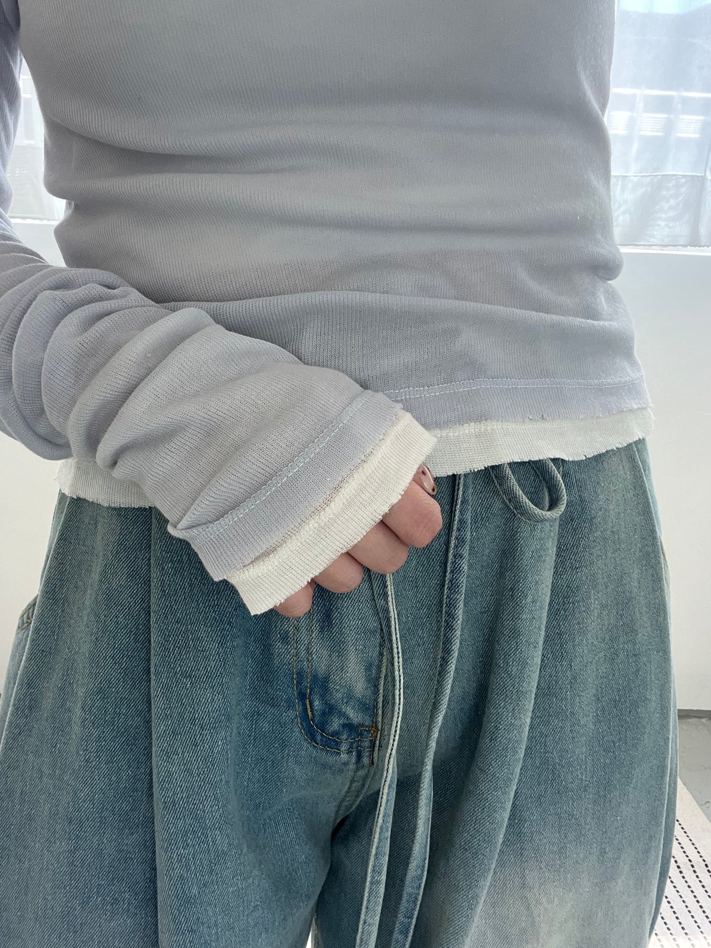 TP677- Long Sleeve Sheer Top | White | Pink | Blue | Grey