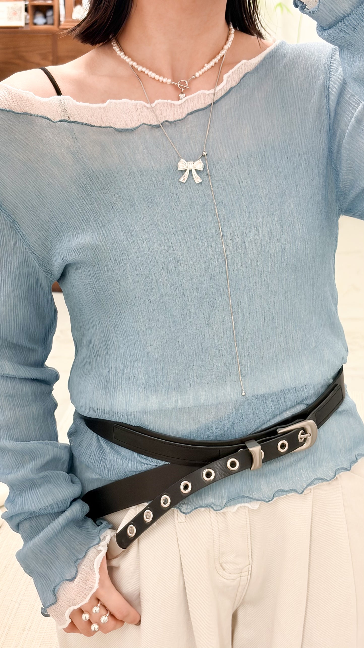 TP735- 樹紋 See-through Ruffle Top | White | Light grey | Grey | Blue | Black ( 超大彈性 )