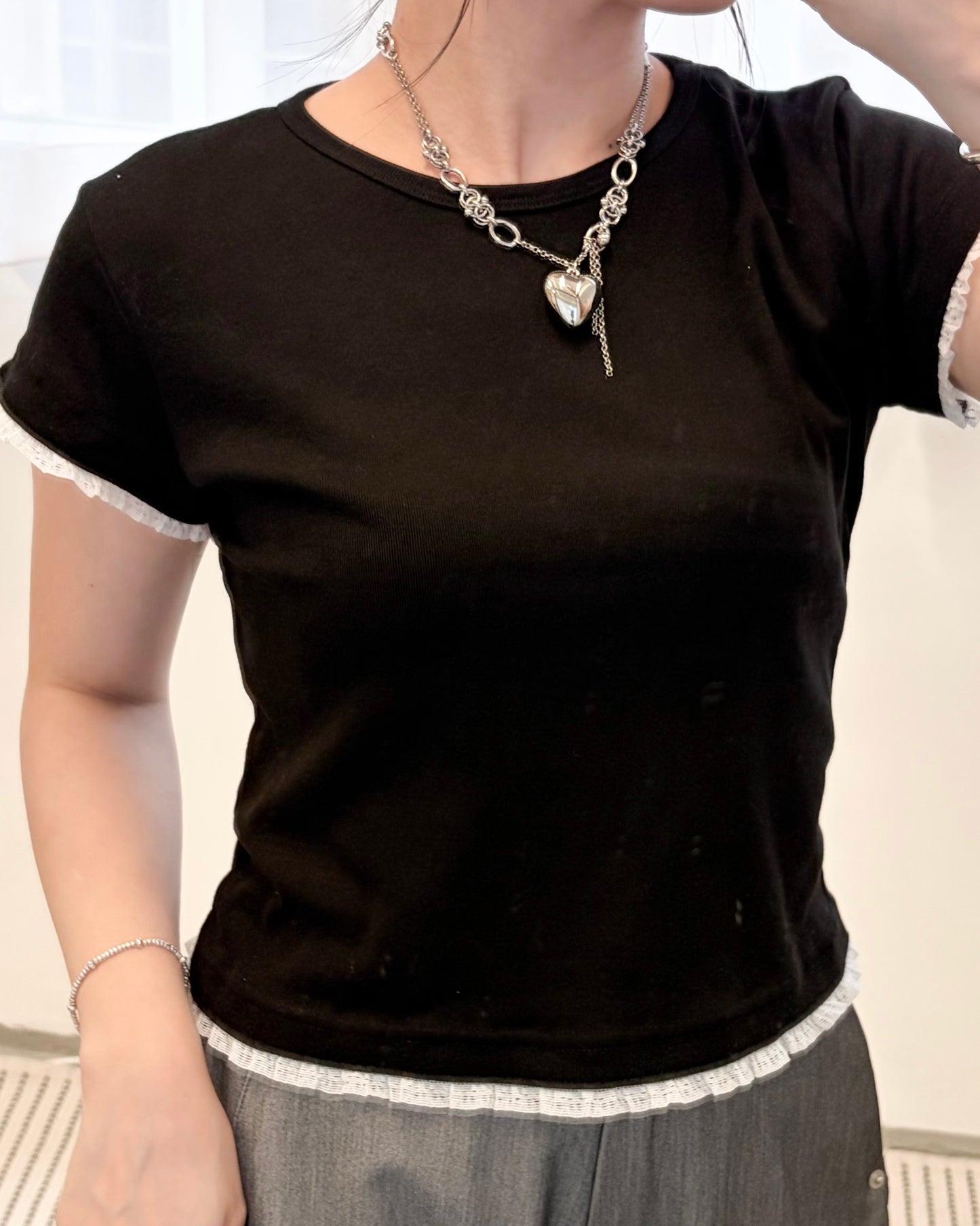 ( must have ! ) TP805- Lace Sleeves Tee | White | Grey | Black