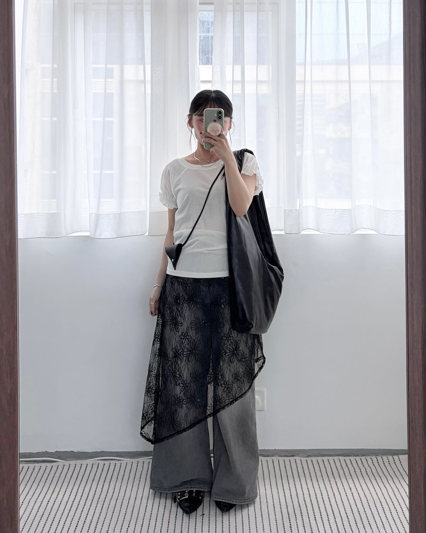 TP793- Flower Sheer Lace Overlay Skirt | Ivory | Black