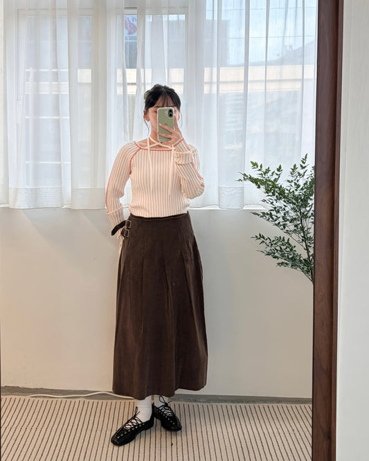 SK134- 燈芯絨一片打褶裙 | Brown | Black