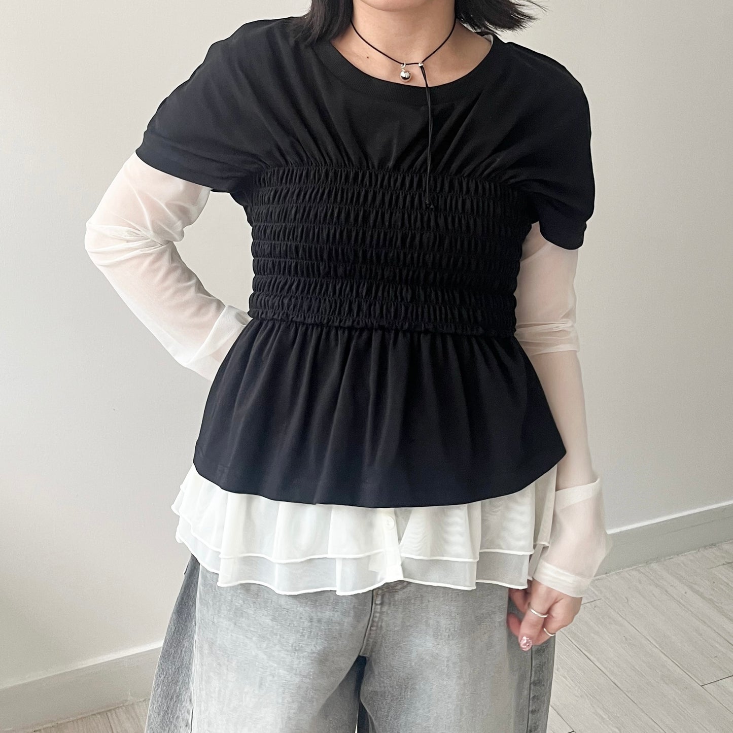 TP494- Layer See-through V Neck Top | White | Grey | Black