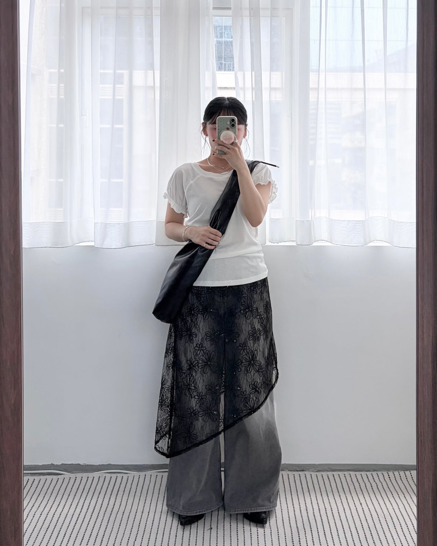 TP793- Flower Sheer Lace Overlay Skirt | Ivory | Black