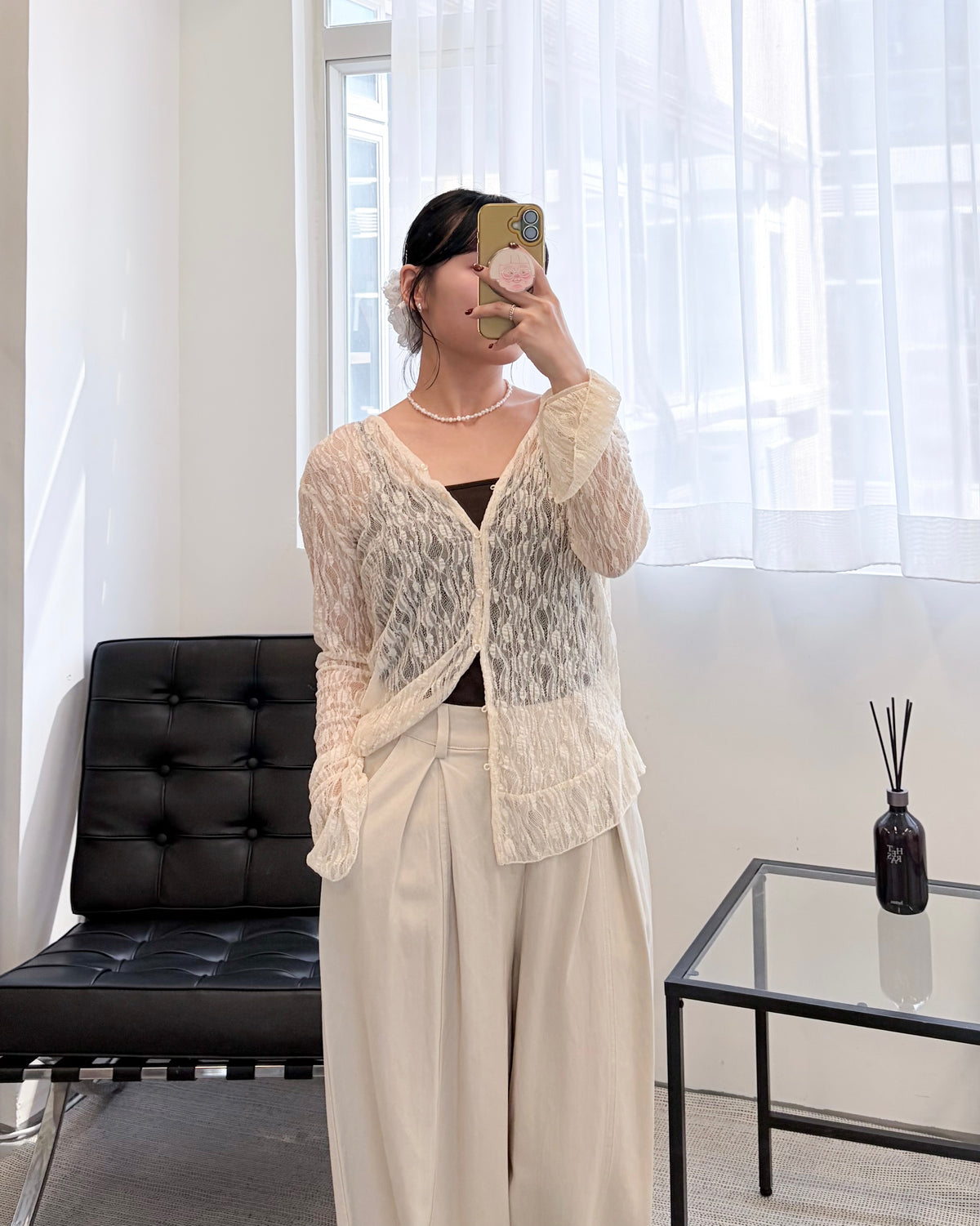 TP848- Lace Frill Cardigan | Ivory | Black