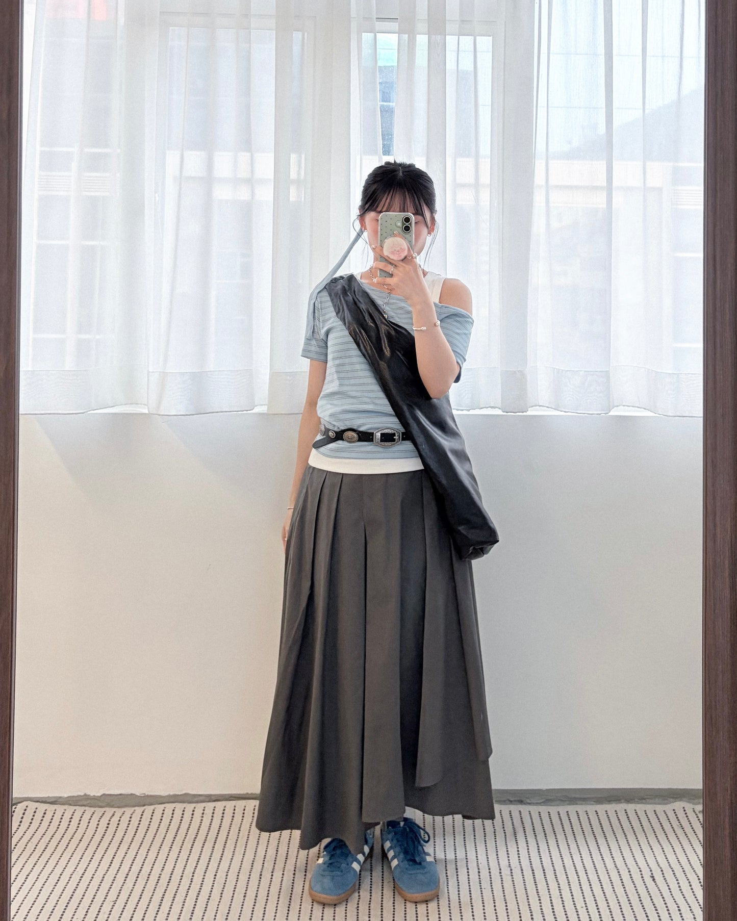 SK147- Layer Pleated Skirt | Grey | Black