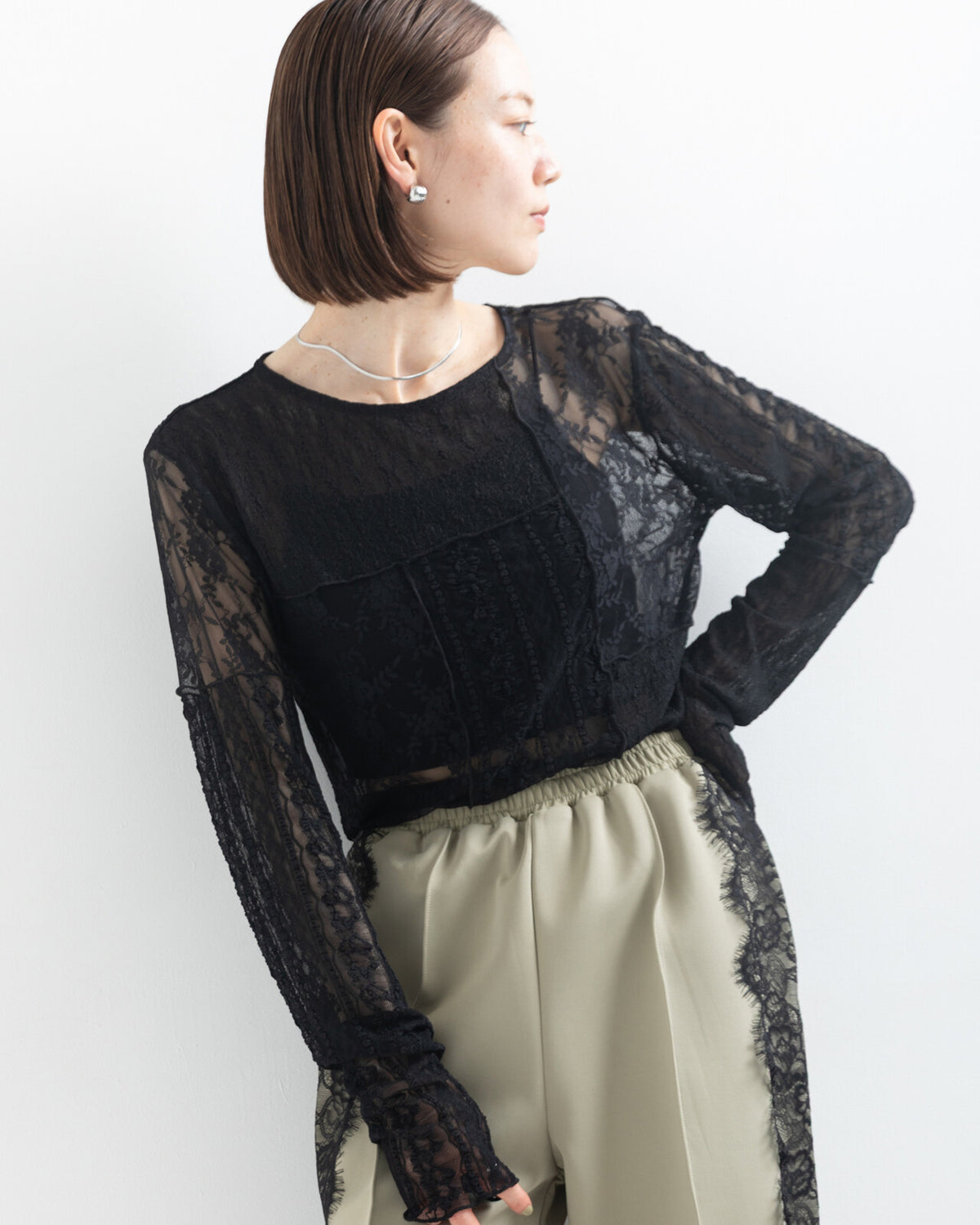 TP849- Lace Patchwork Pullover | Ivory | Black